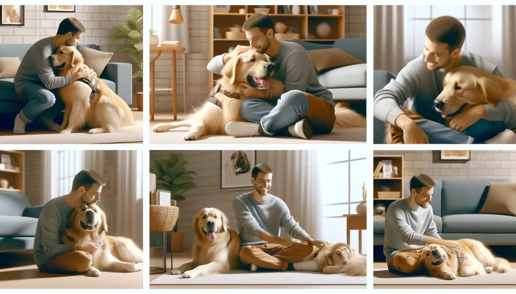 A person in their 30s receiving emotional support from a golden retriever service dog, including hugging the dog at home, the dog comforting during an anxious moment, and the person smiling while petting the dog.