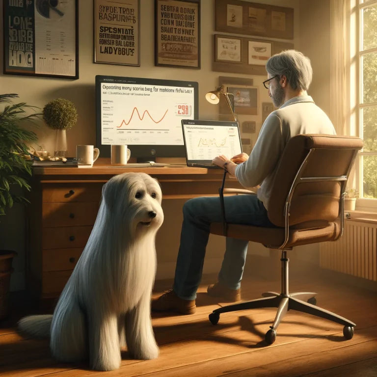 A man in his late 50s working on his laptop in a cozy home office, with his thin white service dog Sasha, who has medium long hair and thin long hair on her face, sitting calmly beside him.