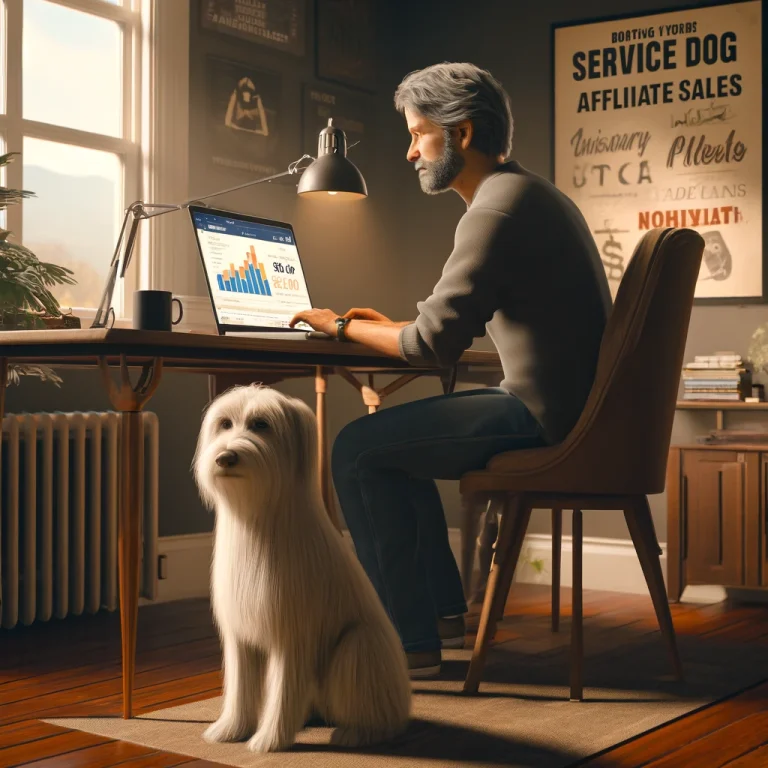 A man in his late 50s working on his laptop in a cozy home office, with his thin white service dog Sasha, who has medium long hair and thin long hair on her face, sitting calmly beside him.