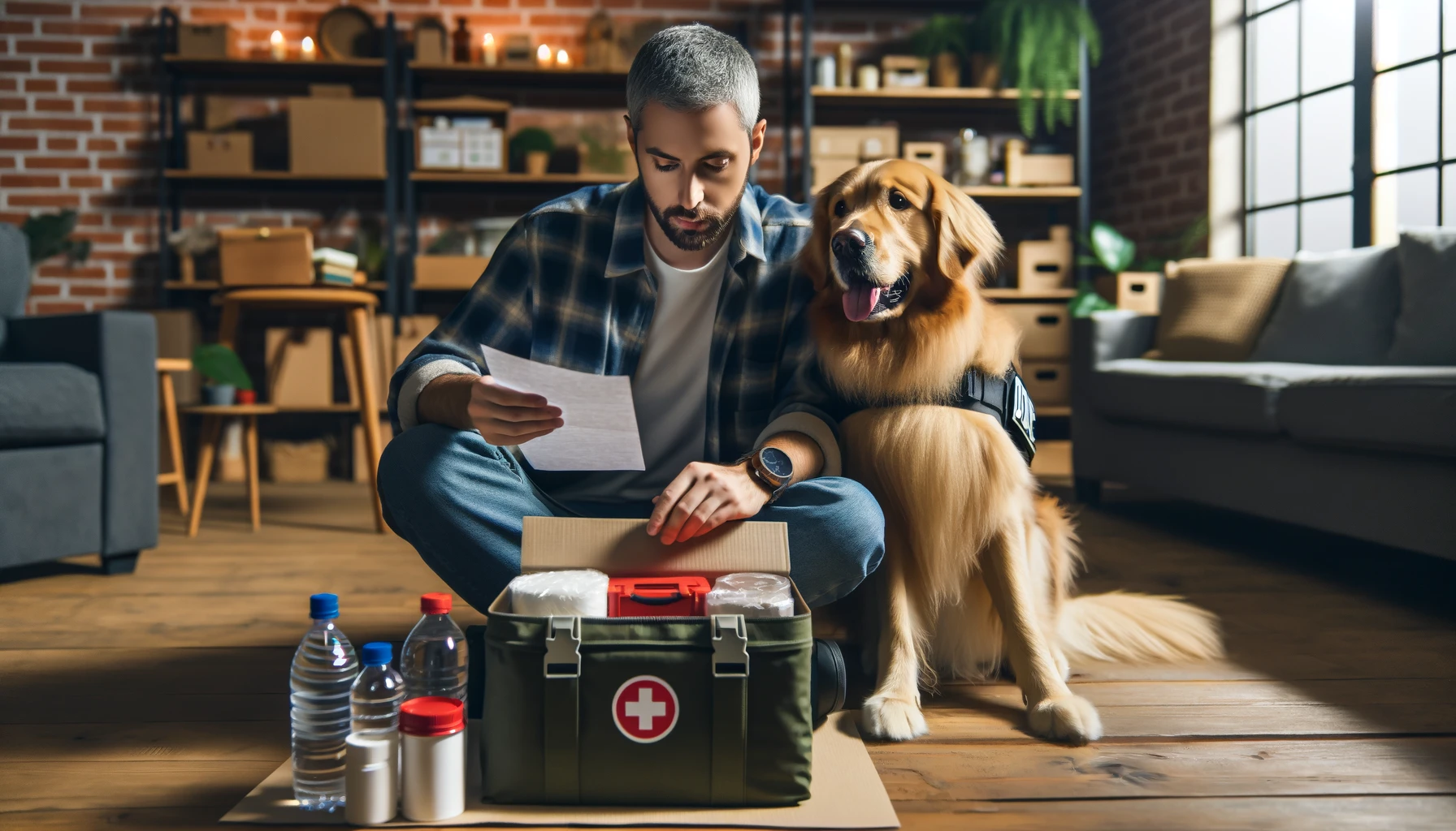 A person in their 30s with a golden retriever service dog, preparing an emergency kit at home with food, water, and medical supplies.