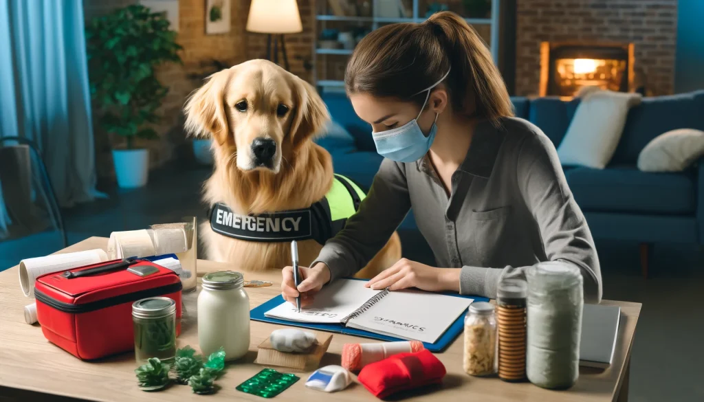 A person in their 30s with a golden retriever service dog, creating an emergency plan at home with various emergency supplies.