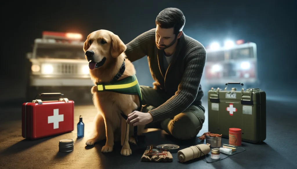 A person in their 30s with a golden retriever service dog during an emergency scenario, attaching a reflective vest to the dog, surrounded by emergency supplies.