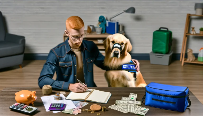 A person in their 30s with a golden retriever service dog, sitting at a table with a notebook, calculator, and various bills, budgeting for service dog expenses.