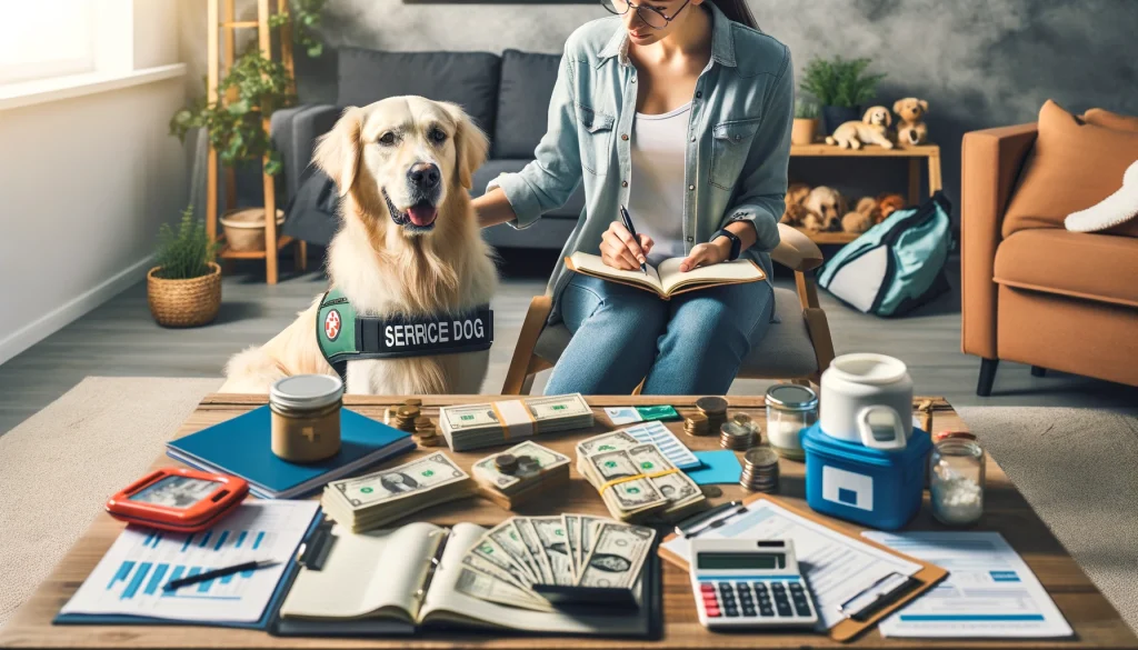 A person in their 30s with a golden retriever service dog, sitting at a table with a notebook, calculator, and various bills, emphasizing the importance of understanding service dog expenses.