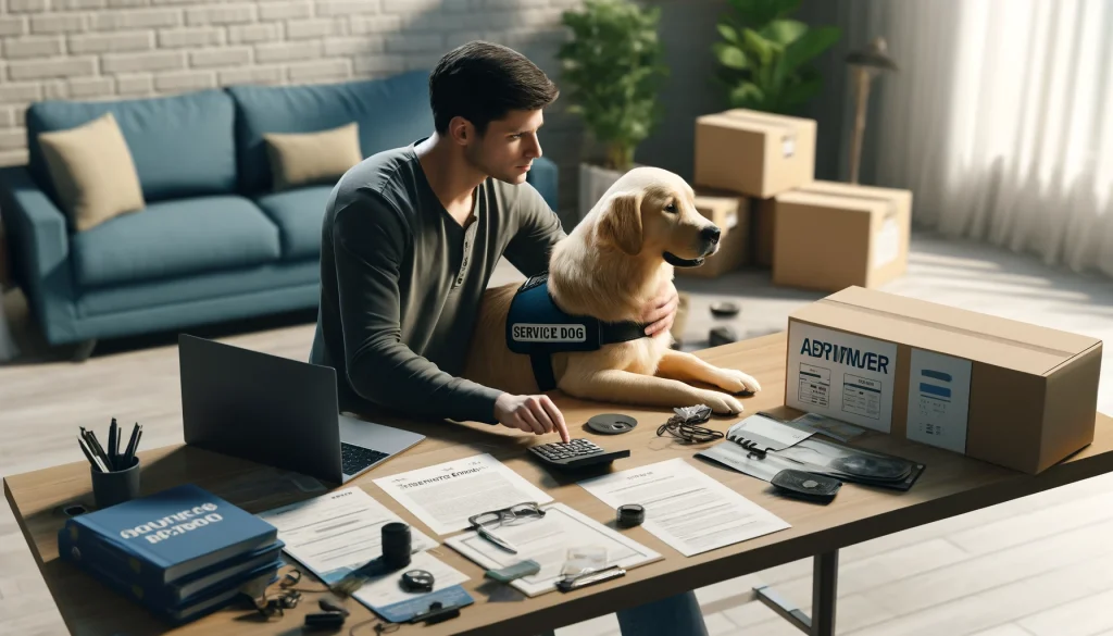 A person in their 30s with a golden retriever service dog, sitting at a table with a laptop, adoption forms, and a calculator, highlighting the initial costs of acquiring a service dog.