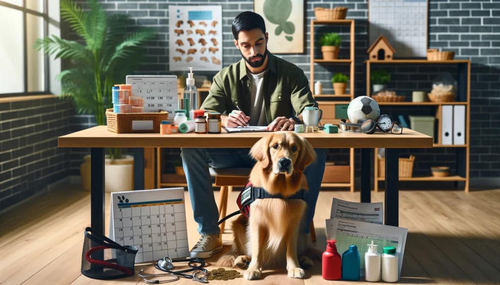 A person in their 30s with a golden retriever service dog, sitting at a table with a calendar, vet bills, grooming tools, and dog food, highlighting ongoing service dog expenses.