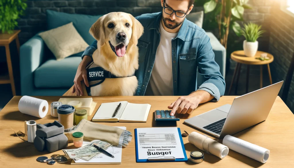 A person in their 30s with a golden retriever service dog, sitting at a table with a detailed budget plan, including a laptop, notepad, calculator, and financial documents.