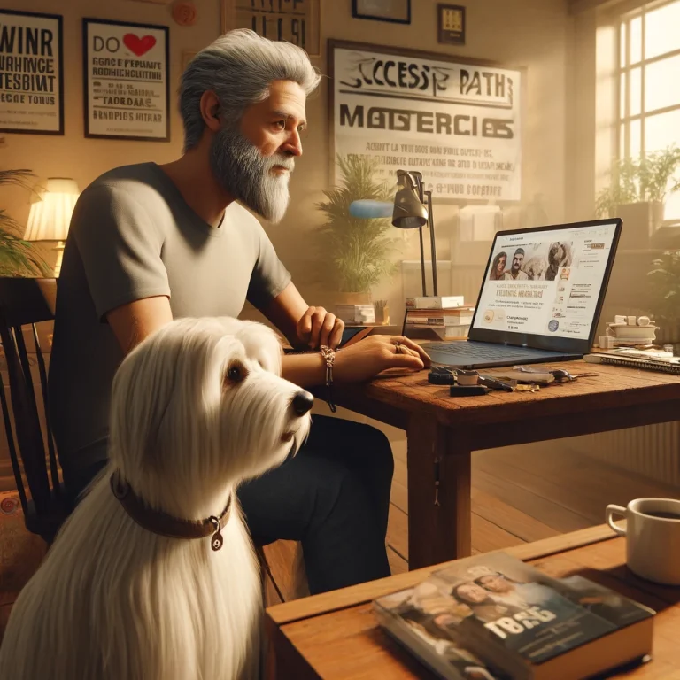 A man in his late 50s working on his laptop in a cozy home office, with his thin white service dog Sasha, who has medium long hair and thin long hair on her face, sitting calmly beside him.