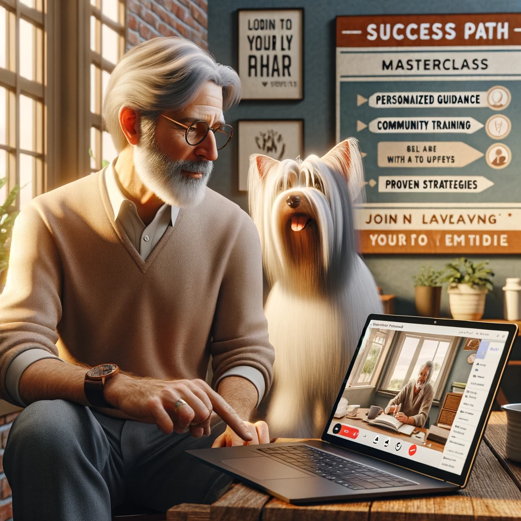 A man in his late 50s working on his laptop in a cozy home office, with his thin white service dog Sasha, who has medium long hair and thin long hair on her face, sitting beside him. The laptop screen shows a video call with an advisor and a presentation of step-by-step training.