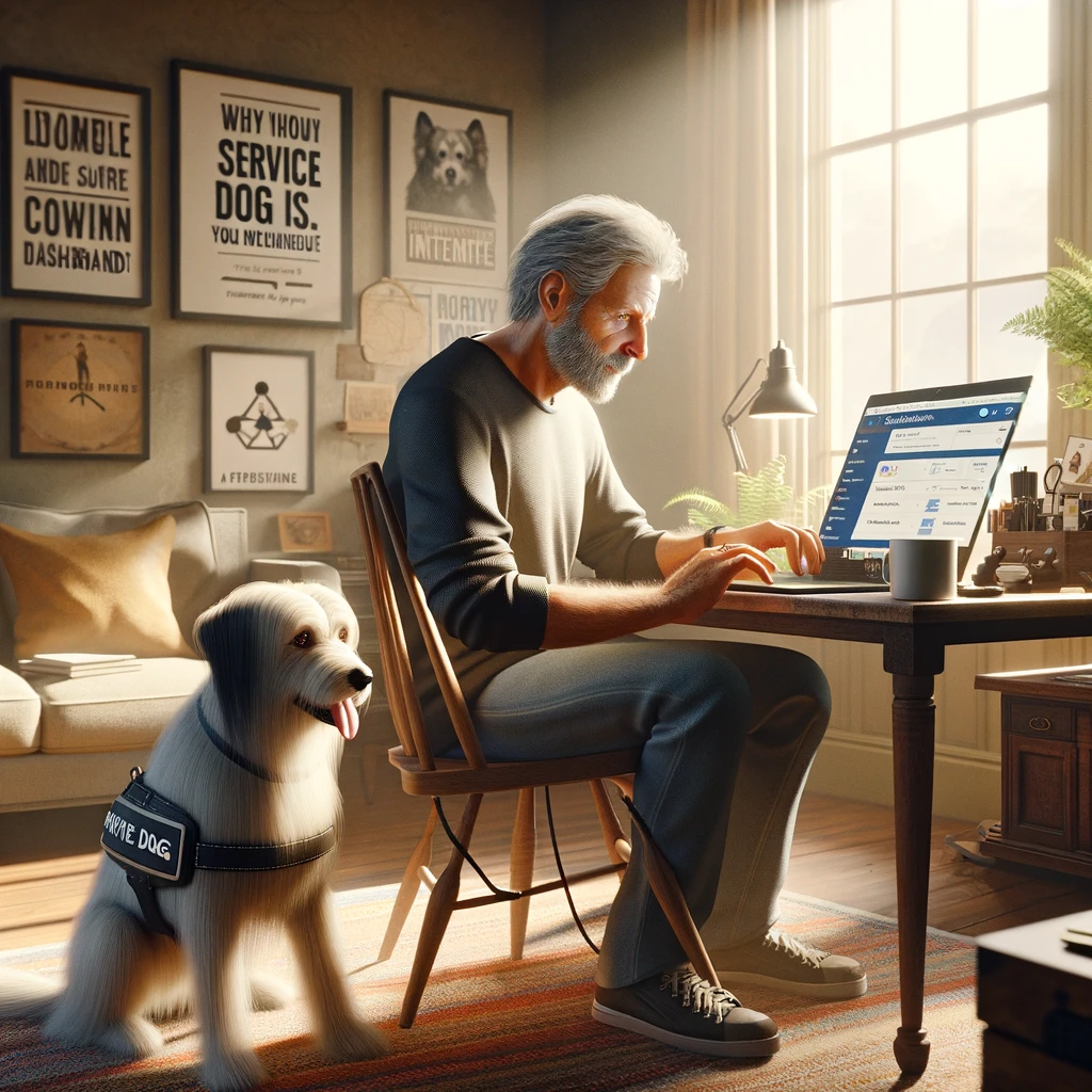 A man in his late 50s working on his laptop in a cozy home office, with his thin white service dog Sasha, who has medium long hair and thin long hair on her face, sitting beside him. The laptop screen shows affiliate marketing tools and dashboards.