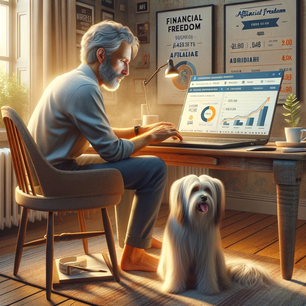 A man in his late 50s working on his laptop in a cozy home office, with his thin white service dog Sasha, who has medium long hair and thin long hair on her face, sitting beside him. The laptop screen shows success metrics, financial charts, and affiliate marketing tools.