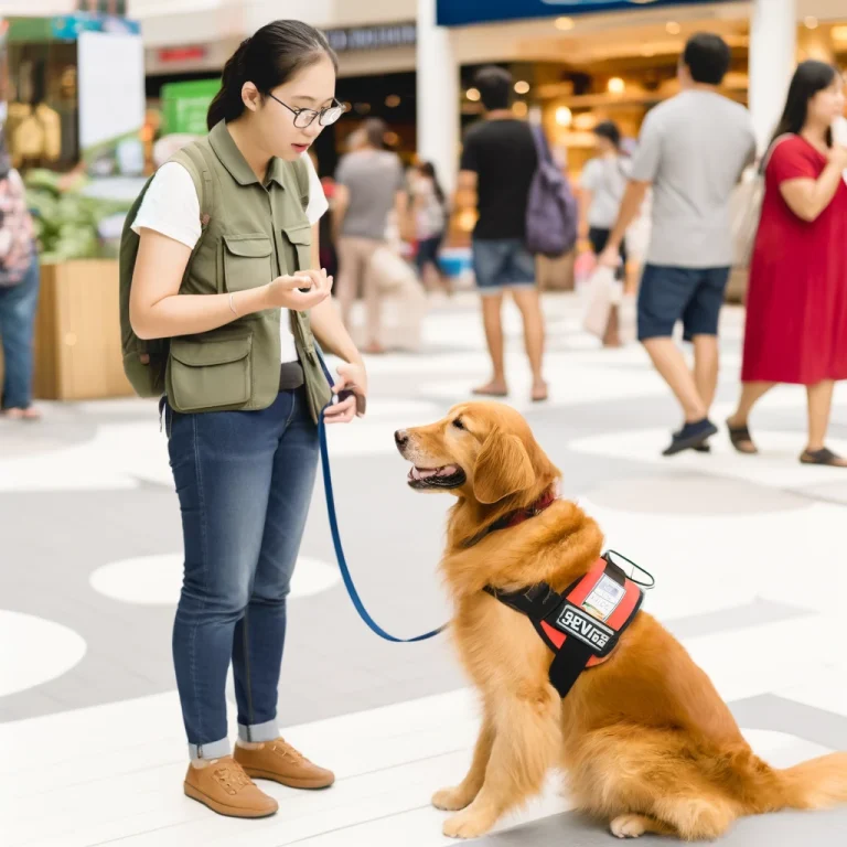 A person in their 30s with a golden retriever service dog in a busy public area, explaining the role of the service dog to the public.