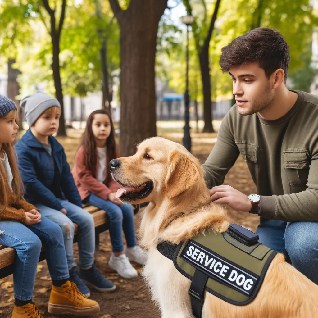 A person in their 30s with a golden retriever service dog in a park, explaining service dog etiquette to a small group of onlookers.