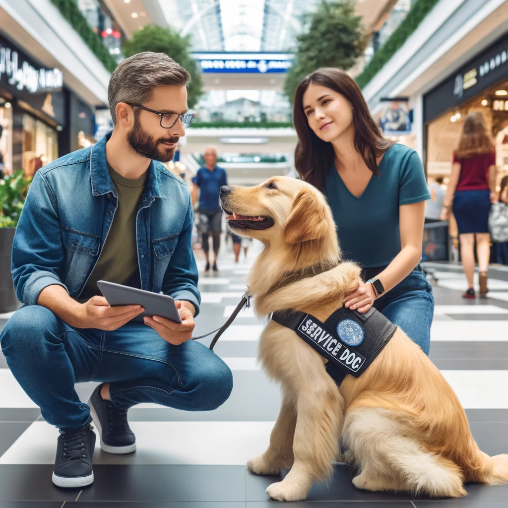 A person in their 30s with a golden retriever service dog in a busy shopping center, explaining the dog's role to a passerby.