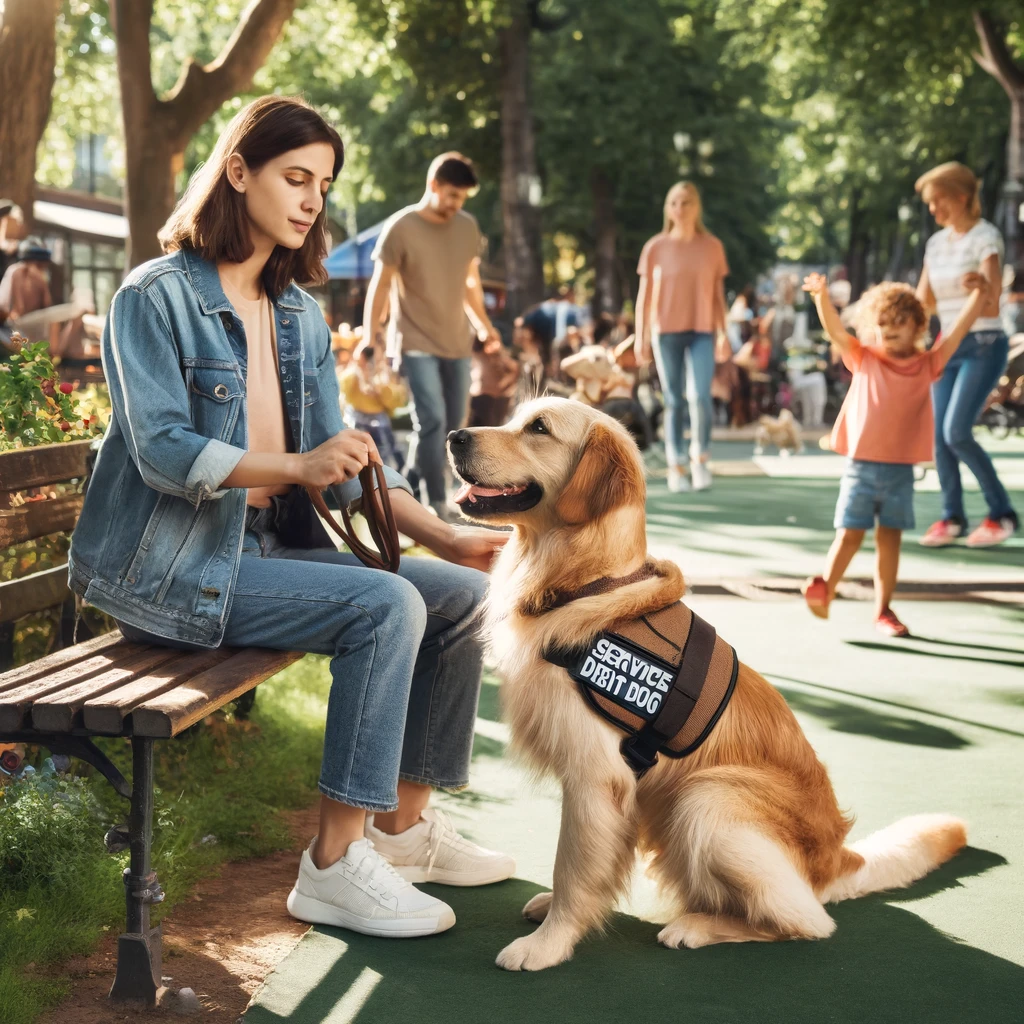 A person in their 30s practicing commands with a golden retriever service dog in a busy park, amidst various distractions.