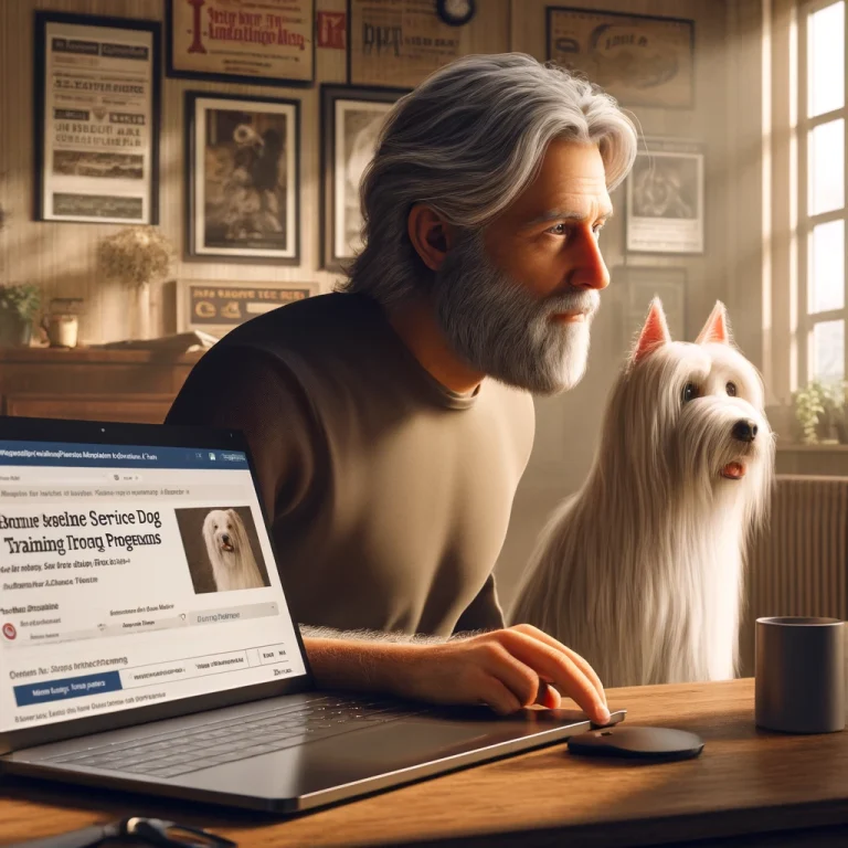 A man in his late 50s working on his laptop in a cozy home office, with his thin white service dog Sasha, who has medium long hair and thin long hair on her face, sitting beside him. The laptop screen shows online training courses and self-training options from ServiceDogOwners.com.