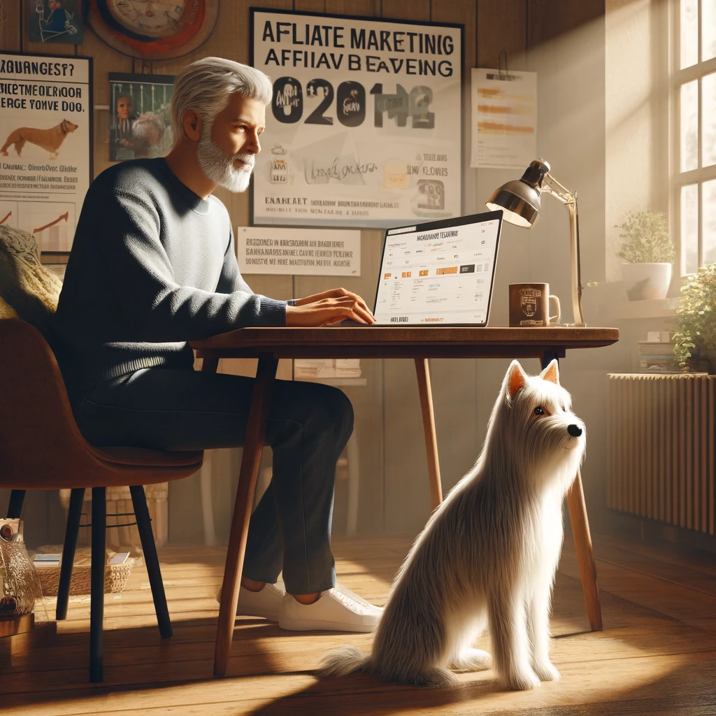 A man in his late 50s working on his laptop in a cozy home office, with his thin white service dog Sasha, who has medium long hair and thin long hair on her face, sitting beside him. The laptop screen shows affiliate marketing dashboards and service dog product listings.