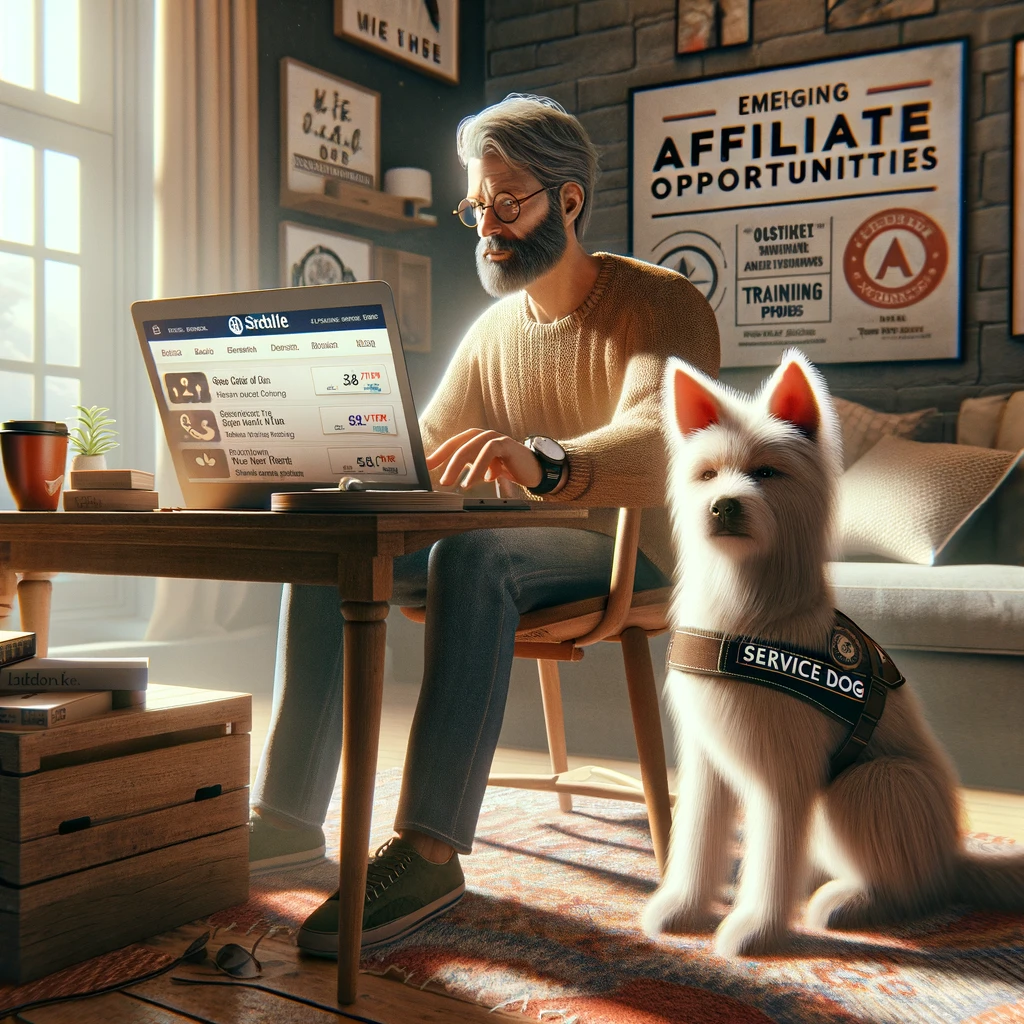 A man in his late 50s working on his laptop in a cozy home office, with his thin white service dog Sasha, who has medium long hair and thin long hair on her face, sitting beside him. The laptop screen shows various affiliate marketing opportunities for service dogs.