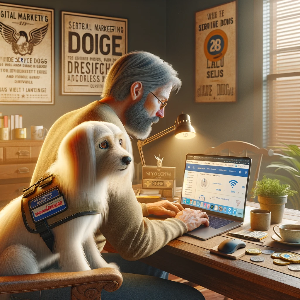 A man in his late 50s working on his laptop in a cozy home office, with his thin white service dog Sasha, who has medium long hair and thin long hair on her face, sitting beside him. The laptop screen shows digital marketing tools, SEO analytics, and email marketing platforms.