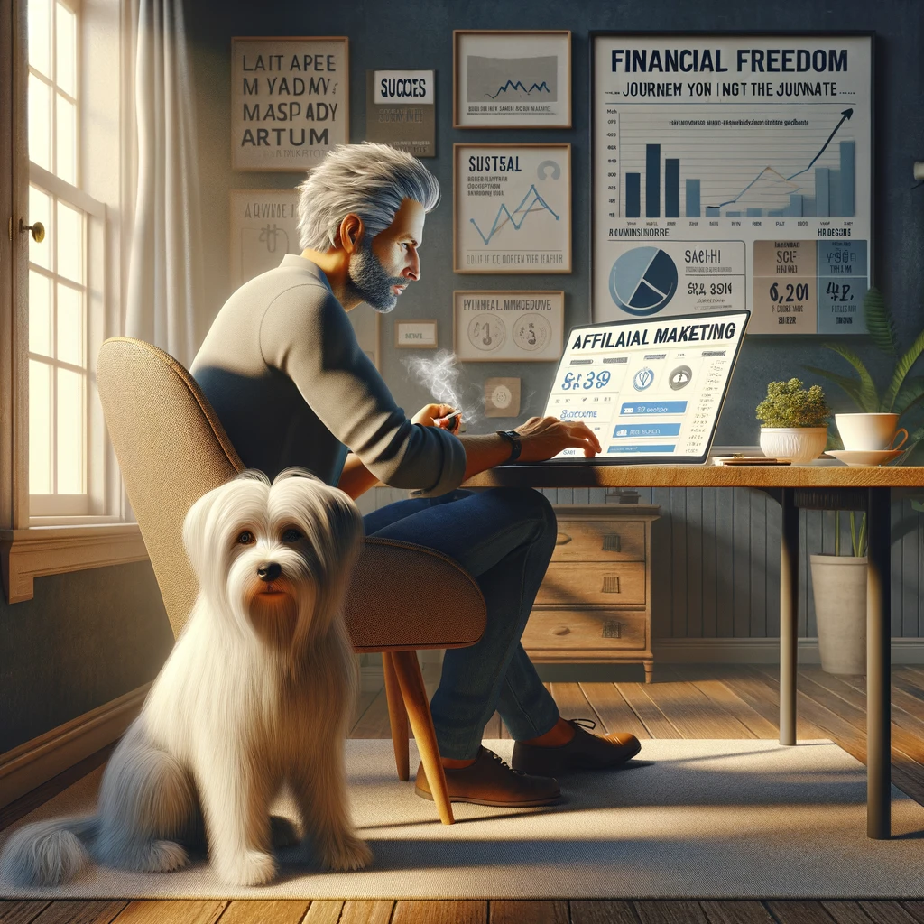 A man in his late 50s working on his laptop in a cozy home office, with his thin white service dog Sasha, who has medium long hair and thin long hair on her face, sitting beside him. The laptop screen shows success metrics, financial charts, and affiliate marketing tools.