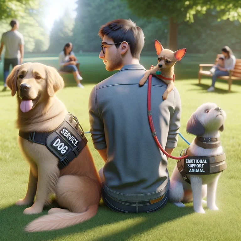 A person in their 30s with a golden retriever service dog and another person with a small emotional support dog in a park.