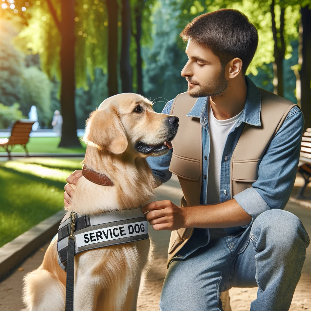 A person in their 30s with a golden retriever service dog in a park. The dog is wearing a vest labeled 'Service Dog' and is focused on the person.