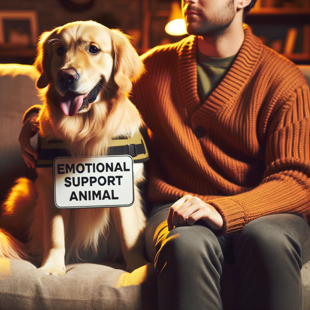 A person in their 30s sitting on a couch with a golden retriever, labeled as an Emotional Support Animal (ESA), providing comfort in a cozy living room.