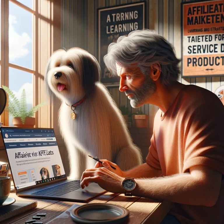 A man in his late 50s working on his laptop in a cozy home office, with his thin white service dog Sasha, who has medium long hair and thin long hair on her face, sitting beside him. The laptop screen shows affiliate marketing tools and strategies tailored for service dog products.