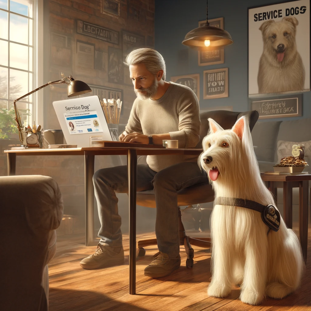 A man in his late 50s working on his laptop in a cozy home office, with his thin white service dog Sasha, who has medium long hair and thin long hair on her face, sitting beside him. The laptop screen shows service dog products and related marketing strategies.