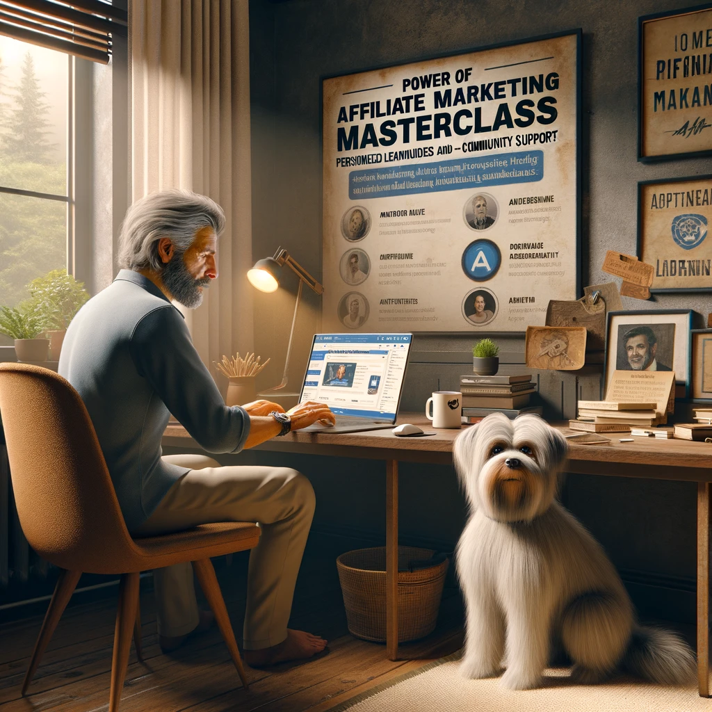 A man in his late 50s working on his laptop in a cozy home office, with his thin white service dog Sasha, who has medium long hair and thin long hair on her face, sitting beside him. The laptop screen shows an affiliate marketing masterclass with personalized learning modules, strategies, and community support.