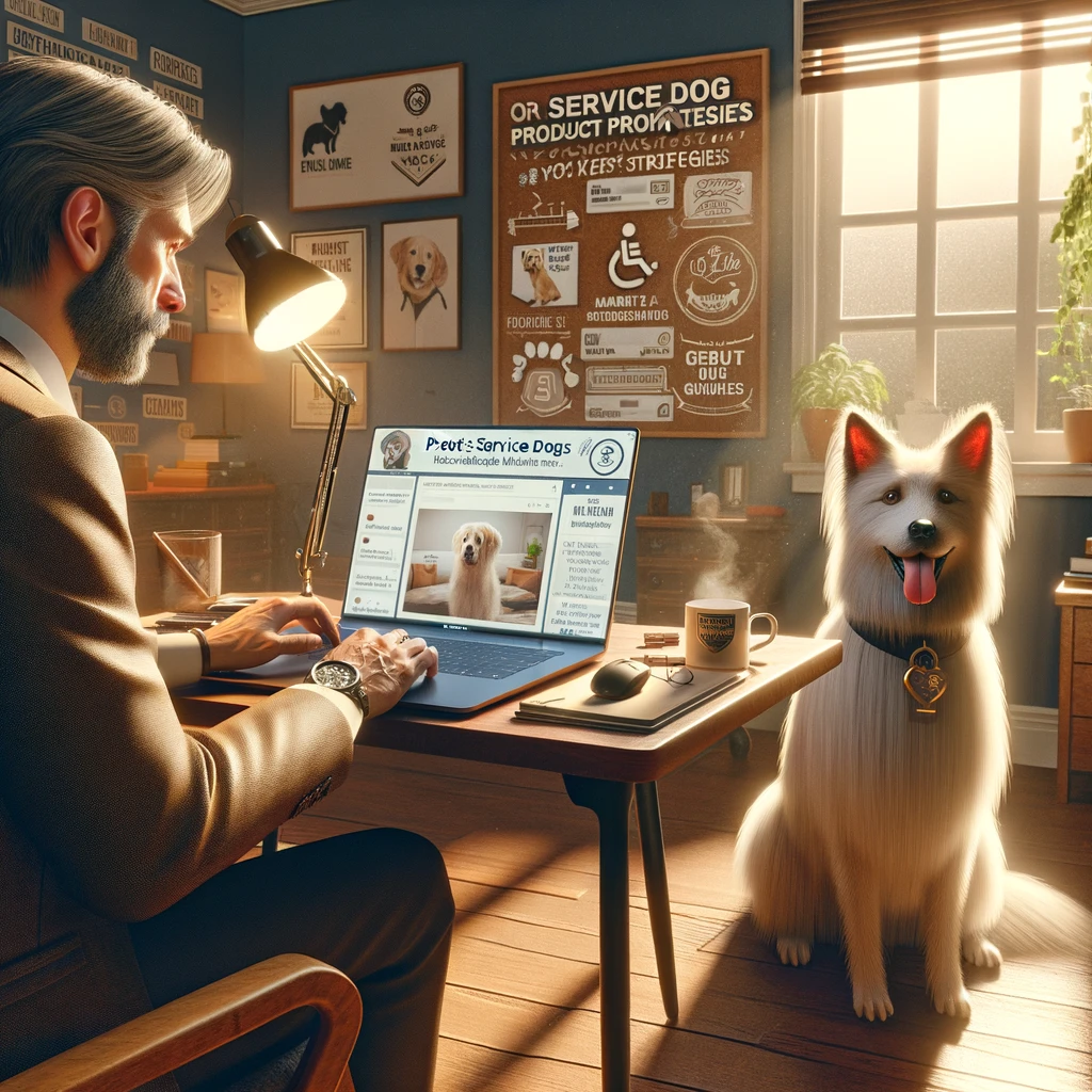 Chris, a man in his late 50s, working on his laptop in a cozy home office, with his thin white service dog Sasha, who has medium long hair and thin long hair on her face, sitting beside him. The laptop screen shows various service dog products and marketing strategies.