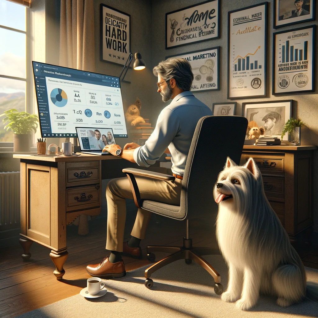 Chris, a man in his late 50s, working on his laptop in a cozy home office, with his thin white service dog Sasha, who has medium long hair and thin long hair on her face, sitting beside him. The laptop screen shows success metrics, financial charts, and affiliate marketing tools.