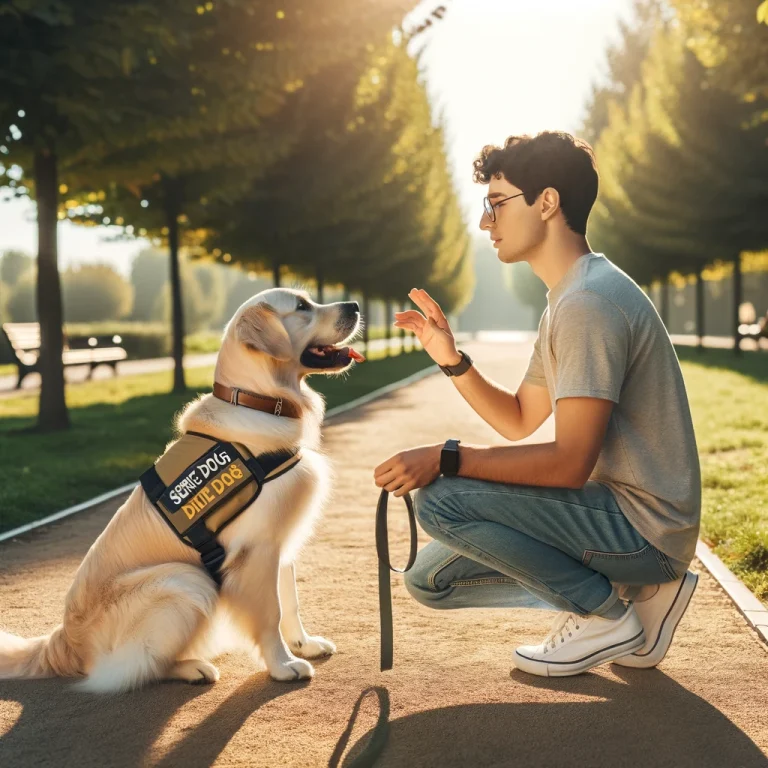 A person in their 30s training a golden retriever service dog in a park.