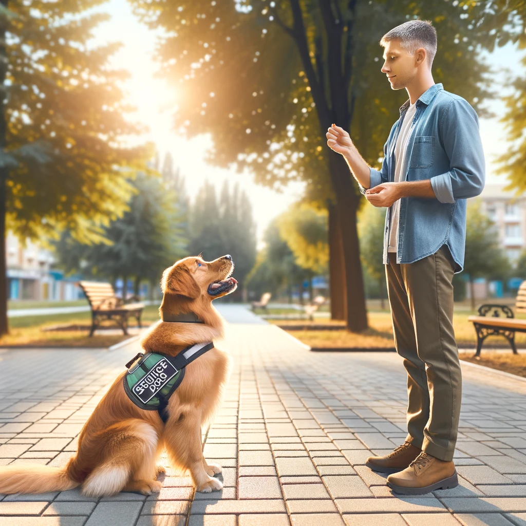 A person in their 30s training a golden retriever service dog with basic commands in a park setting.