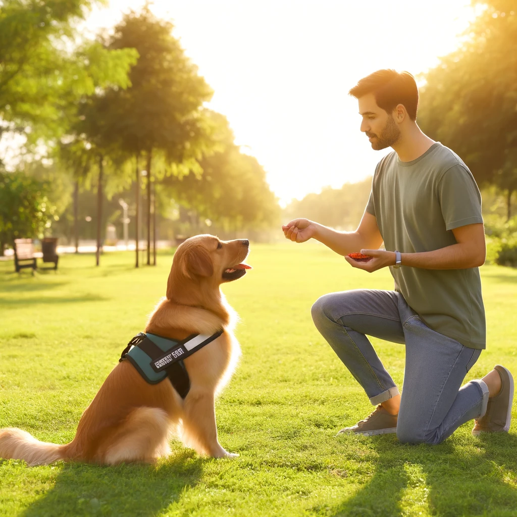 A person in their 30s training a golden retriever service dog in a sunny park.