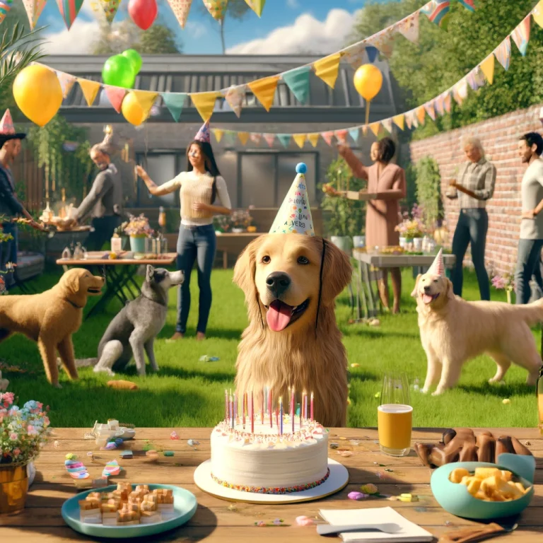 A person in their 30s celebrating their service dog's birthday in a backyard with colorful decorations, a cake, and other dogs present.