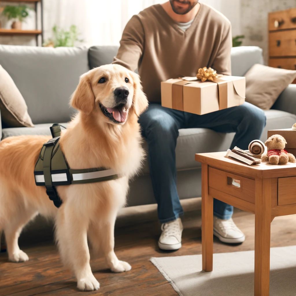 A person in their 30s presenting gifts to a happy golden retriever service dog in a cozy living room.