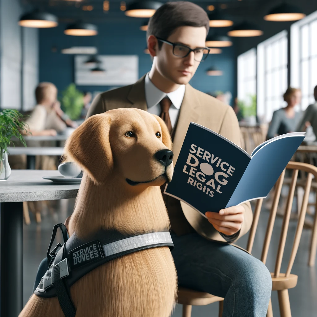 A person in their 30s with a golden retriever service dog, holding a document and discussing legal rights in a professional setting.