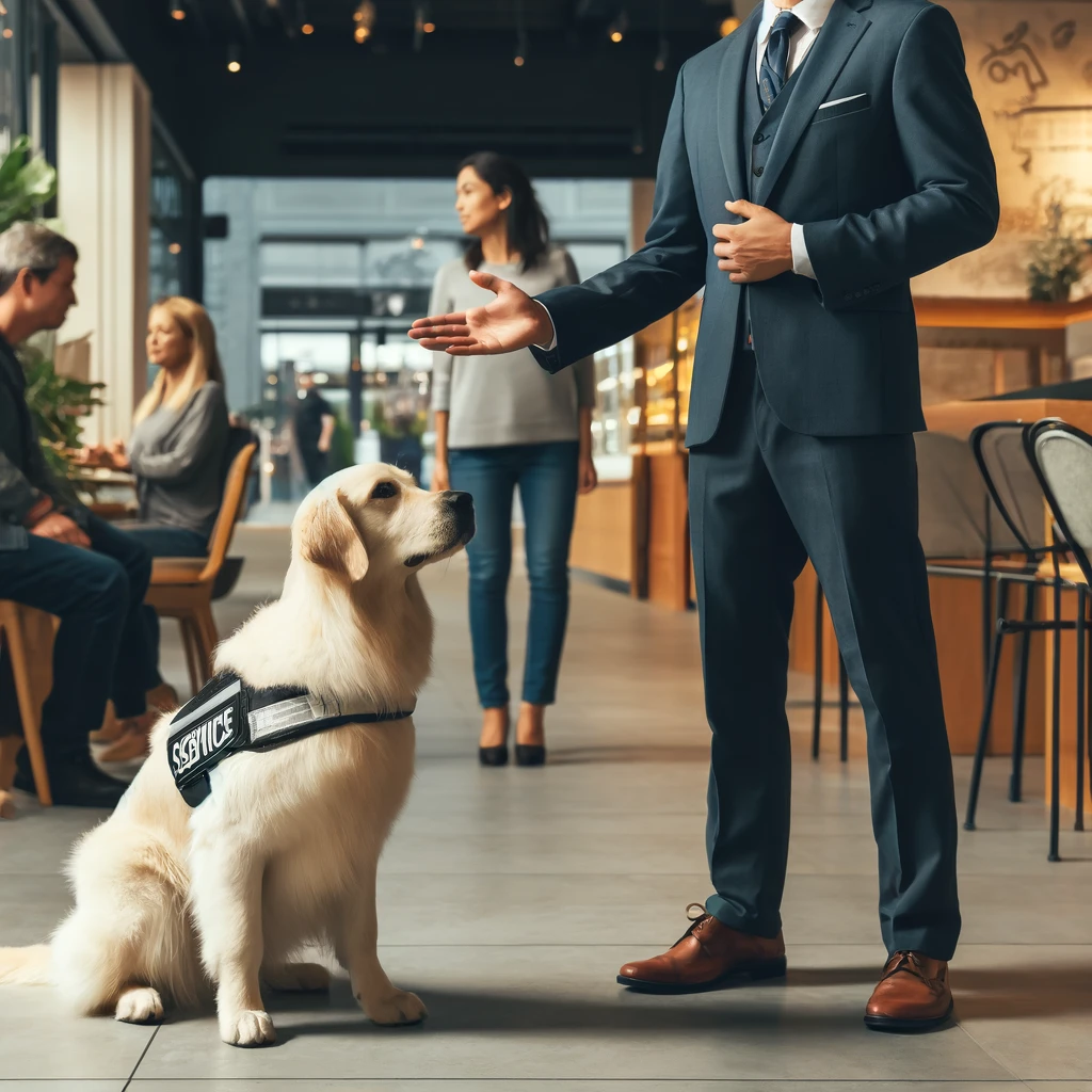 A person in their 30s with a golden retriever service dog, addressing an individual in a public place, showcasing a calm and determined approach to handling service dog discrimination.