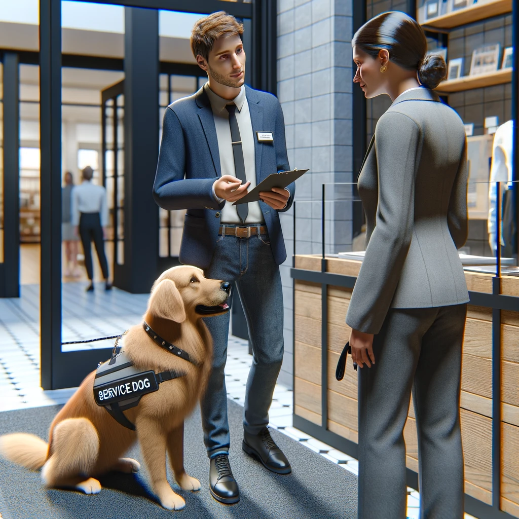 A person in their 30s with a golden retriever service dog discussing service dog rights with a store staff member at the entrance.