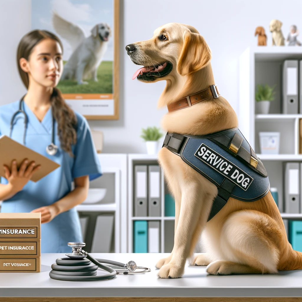 A person in their 30s with a golden retriever service dog at a veterinary clinic, discussing pet insurance options with a vet. The dog is wearing a service dog vest, and there are high-quality service dog products on a nearby table.