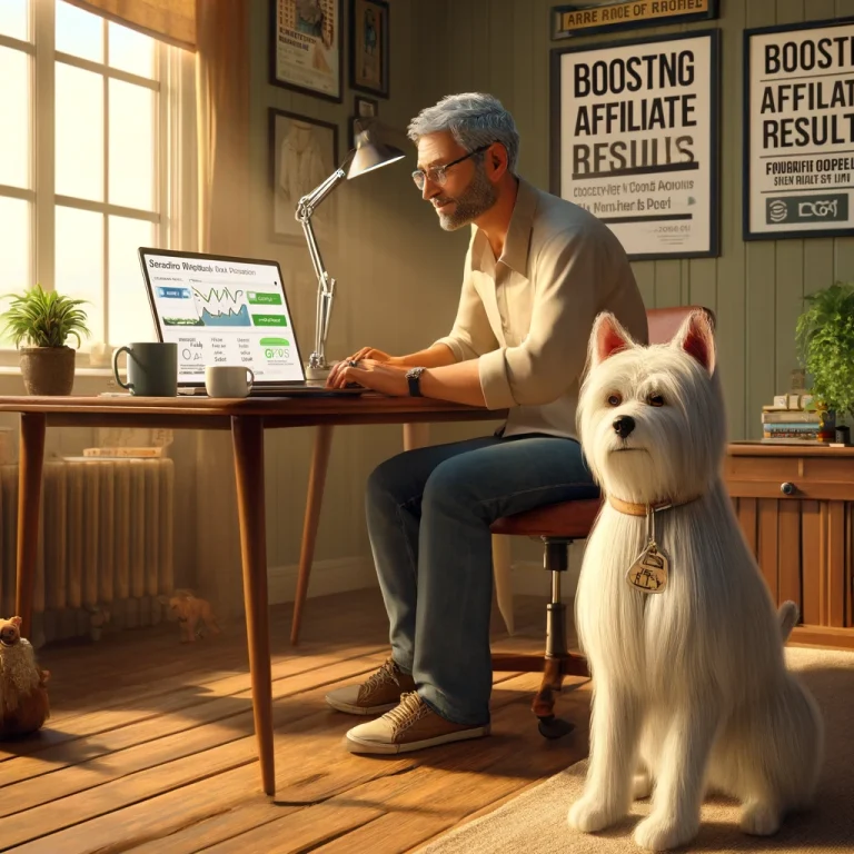 Chris, a man in his late 50s, working on his laptop in a cozy home office with his thin white service dog Sasha, who has medium long hair and thin long hair on her face, sitting beside him. The laptop screen shows success metrics, financial charts, and affiliate marketing tools specific to service dog products.