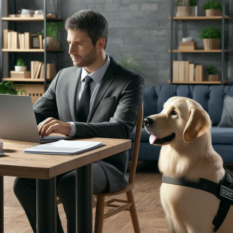 Person in their 30s with a golden retriever service dog, researching financial aid for service dog training at a home office.