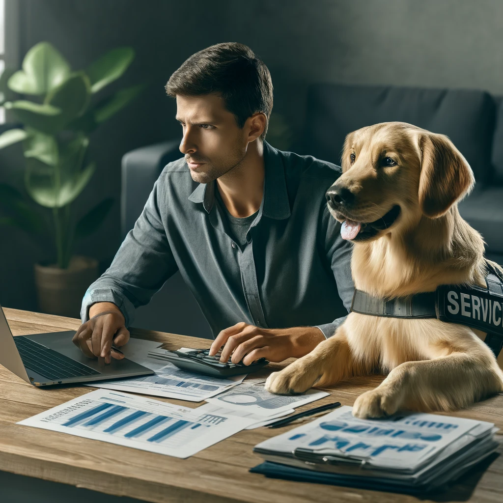 A person in their 30s sitting at a desk with a golden retriever service dog, highlighting the high costs of service dog training.