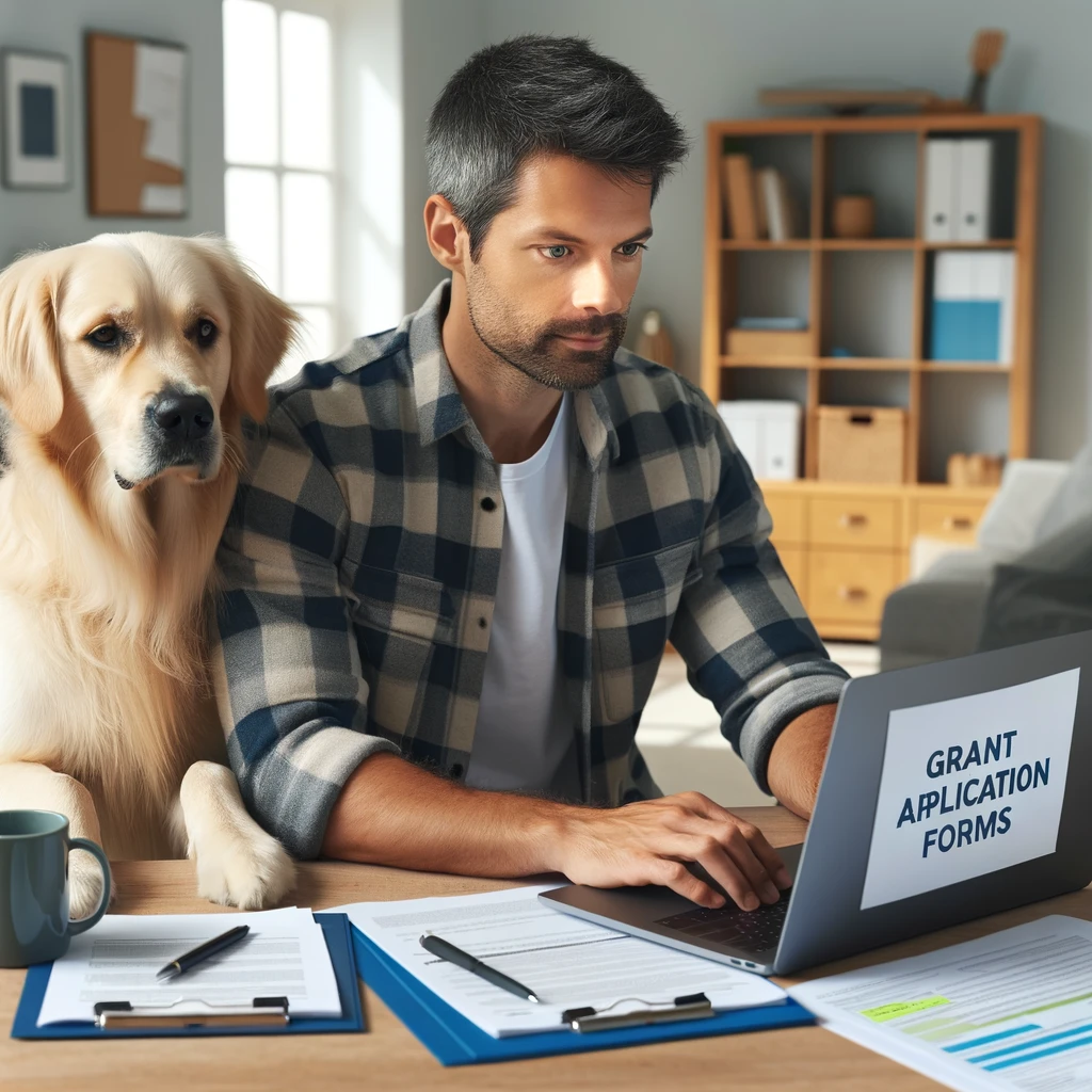 Person in their 30s with a golden retriever service dog, filling out grant application forms on a laptop in a home office.