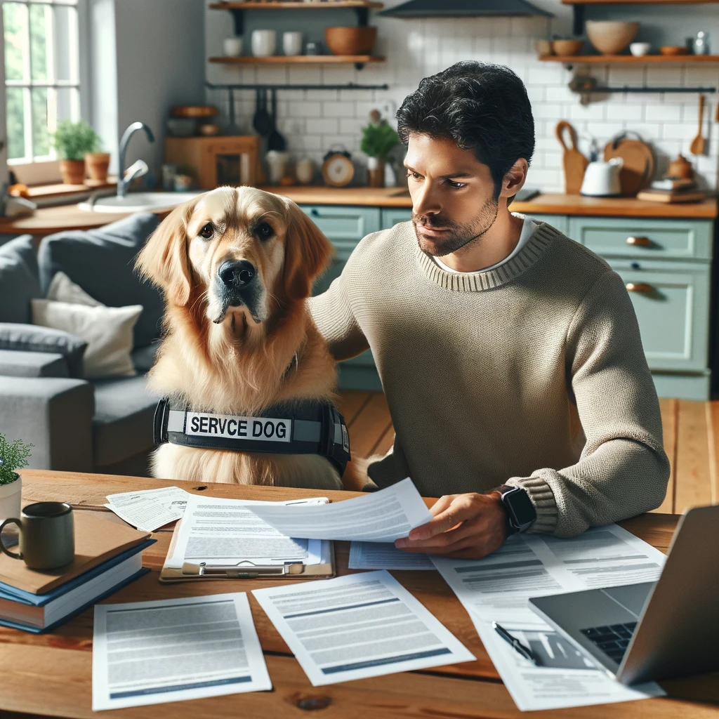 A person in their 30s sits at a kitchen table with a golden retriever service dog, reviewing paperwork and using a laptop for financial assistance for service dogs.