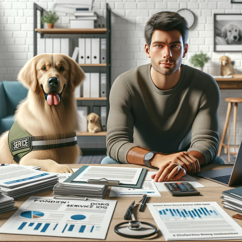 A person in their 30s sitting at a desk with a golden retriever service dog, surrounded by documents and a laptop.