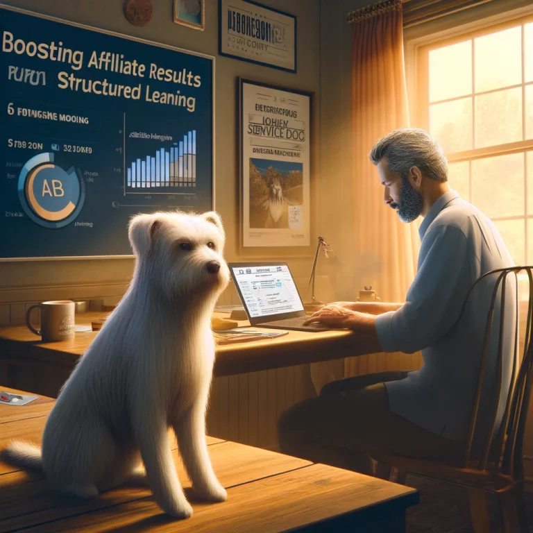 Chris, a man in his late 50s, working on his laptop in a cozy home office, with his thin white service dog Sasha, who has medium long hair and thin long hair on her face, sitting beside him. The laptop screen shows success metrics, financial charts, and affiliate marketing tools for service dog products.