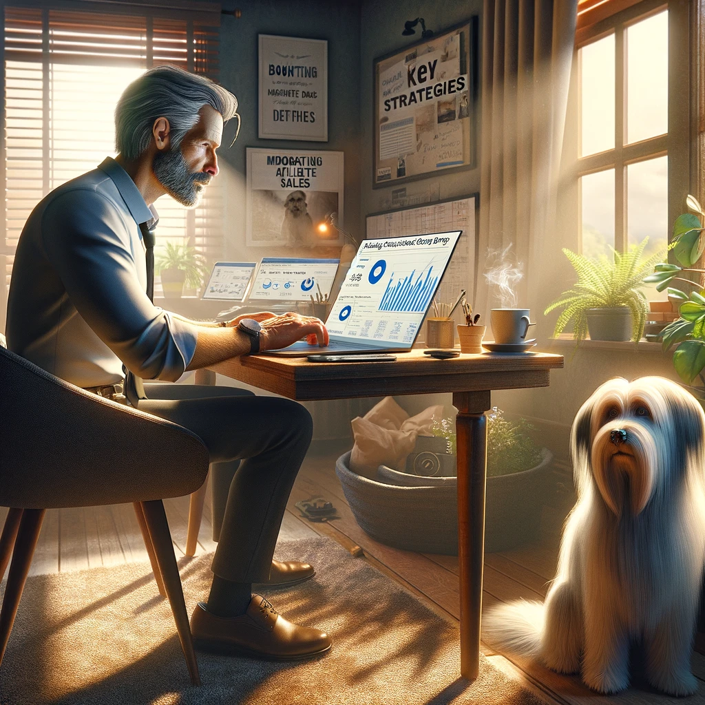 Chris, a man in his late 50s, working on his laptop in a cozy home office, with his thin white service dog Sasha, who has medium long hair and thin long hair on her face. The laptop screen shows charts, graphs, and marketing tools for affiliate sales strategies.