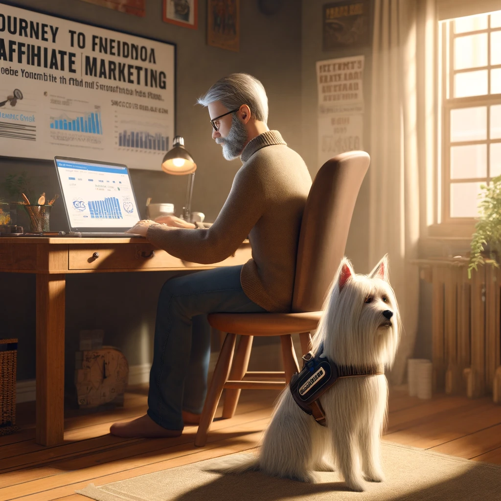 Chris, a man in his late 50s, working on his laptop in a cozy home office, with his thin white service dog Sasha, who has medium long hair and thin long hair on her face. The laptop screen displays success metrics, financial charts, and affiliate marketing tools.